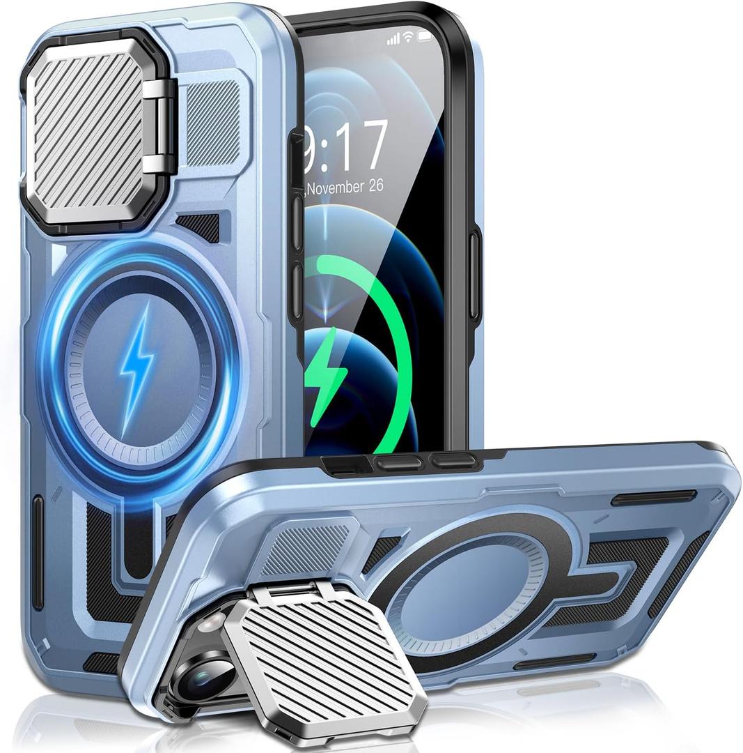 Camera Stand Case for iPhone 12 Pro Max, [Compatible with MagSafe] [Lens Cover] 2024 Version Military Grade Protective Soft Case for iPhone 12 Pro Max 6.7 inch Men Women, Blue