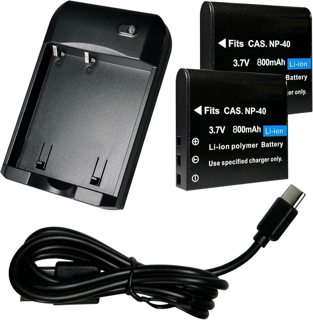 NP-40 Battery Charger, Digital Camera Battery Charger with 2 Pieces CAS. NP-40 3.7V 800mAh Li-ion Rechargeable Battery and Type-C Charging Cable