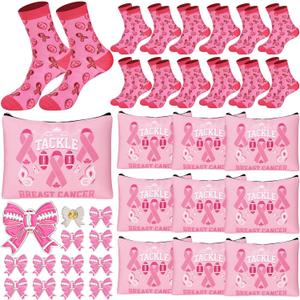36 Pcs Football Breast Cancer Awareness Gifts for Women Pink out Socks Makeup Bags Pins for Breast Cancer Awareness Month Pink out Football Games