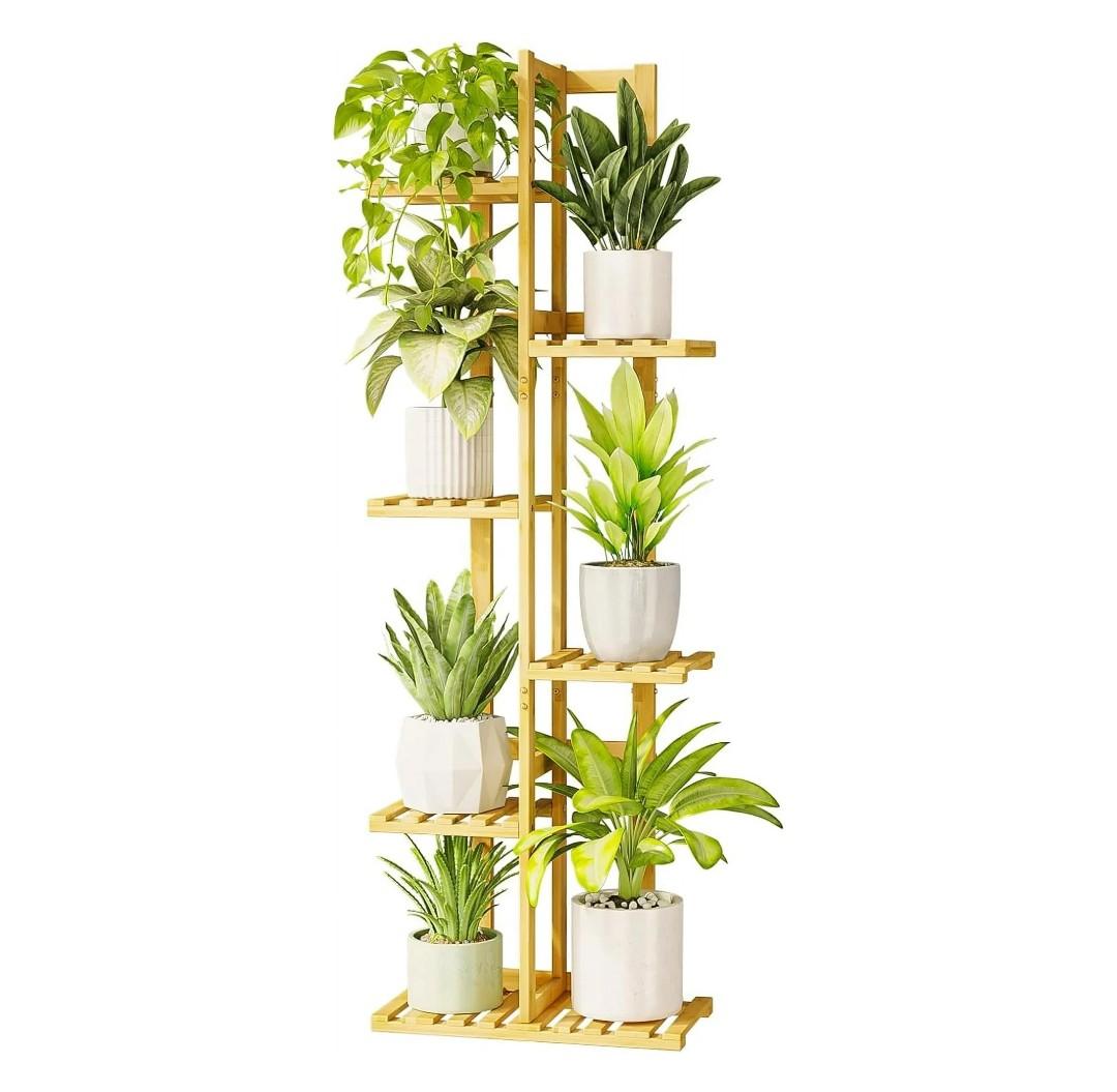 Solatmos Bamboo Plant Stand With Grow Lights Indoor Plants Outdoor Corner Plant Shelf Flower Stands for Living Room Patio Garden Corner Balcony (Wood, 8 Tier)
