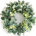 24 Inch Eucalyptus Summer Wreath for Front Door, Summer Spring Wreath for Grapevine Farmhouse with Silk Printing Dollar Leaves Wreaths for Festival Celebration Front Door Wall Window Home Dcor (Green)