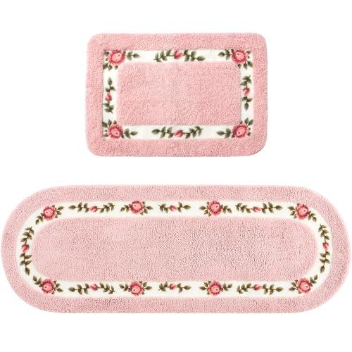 Drydiet 2 Pcs Rose Flowers Bathroom Rugs Set Coquette Room Decor Floral Rugs for Bathroom Bedroom Living Room,Non Skid Absorbent Romantic Rose Flower Area Rugs 2 Shapes(Pink,Small)