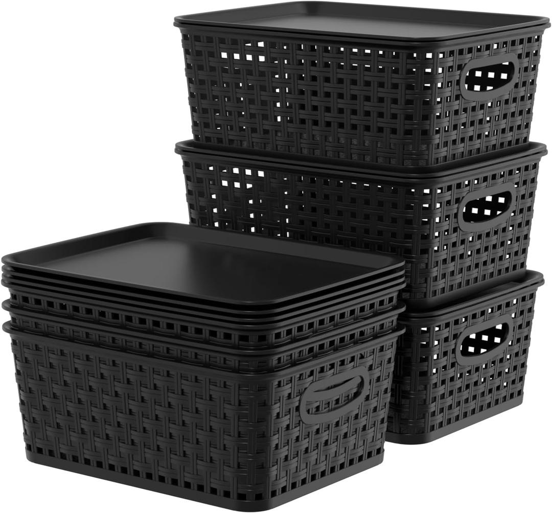 Begale 6-Pack Plastic Basket Organization, Storage Baskets for Shelves with Lids, Black
