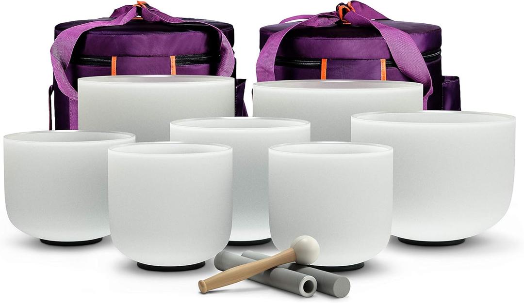 TOPFUND Chakra Set of 7 Crystal Singing Bowls 6-12 inch with Heavy Duty Carrying Cases and Singing Bowl Mallets (6-12 inch, 7 White)