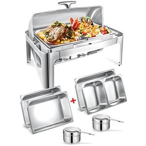 13QT Roll Top Chafing Dishes for Buffet: Catering Food Warmer for Parties, Wedding, Birthday, Christmas, 1 Full Size & 2 Half-Size Chafing Server Dish, 1 Water Pan