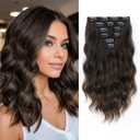 KooKaStyle Short Hair Extensions 6PCS 14 Inch Wavy Curly Hairpieces Synthetic Soft Lace Weft Clip in Hair Extensions-Dark Walnut Brown for Women