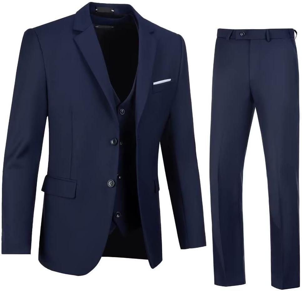 Men's Suits Tuxedo Suit Outfits for Men 3 Pieces Mens Wedding Business Formal Suit Set Jacket Vest Pants (Large, Navy Blue)