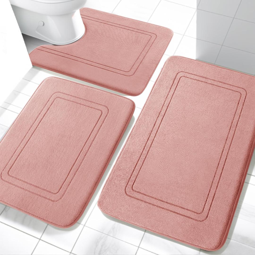 YIHOUSE Memory Foam Bath Mat Set, Bathroom Rugs Sets 3 Pieces, Non Slip Bath Mats for Bathroom, Super Soft and Water Absorbent Bath Rug Set, Machine Washable U Shape Toilet Rug,Pink