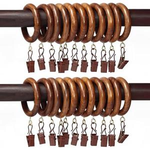 24 Pcs Curtain Rings with Clips Wooden, 2 inch for 1 inch Rod, Window Shower Curtain Hooks, Wood Curtain Rod Wood Curtain Rings with Eyelet, Drapery Rings, (24, 1.25 INCH Inner Dia)