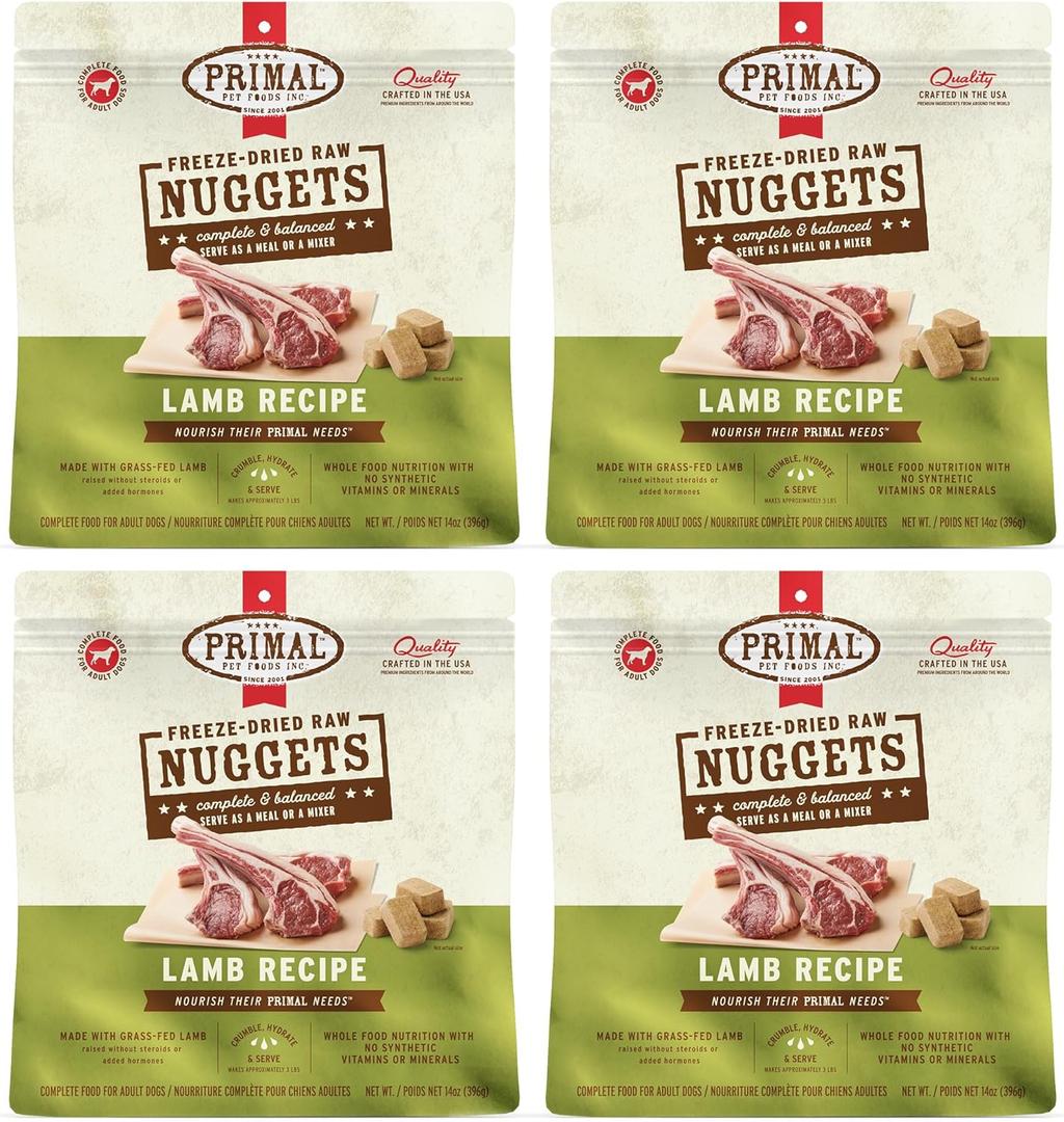 Primal Freeze Dried Raw Dog Food Nuggets, Lamb, Complete & Balanced Meal, Also Use as Topper or Treat, Premium, Healthy, Grain Free, High Protein Raw Dog Food, 14 oz (Pack of 4) BBD: 10-25-2026