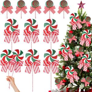 10 Pcs Large Candy Christmas Ornament Peppermint Candy and Lollipop Tree Picks Decoration 15'' Sweet Christmas Tree Toppers Ornaments for Xmas Home Party Decorations(Green Red,Classic Style)