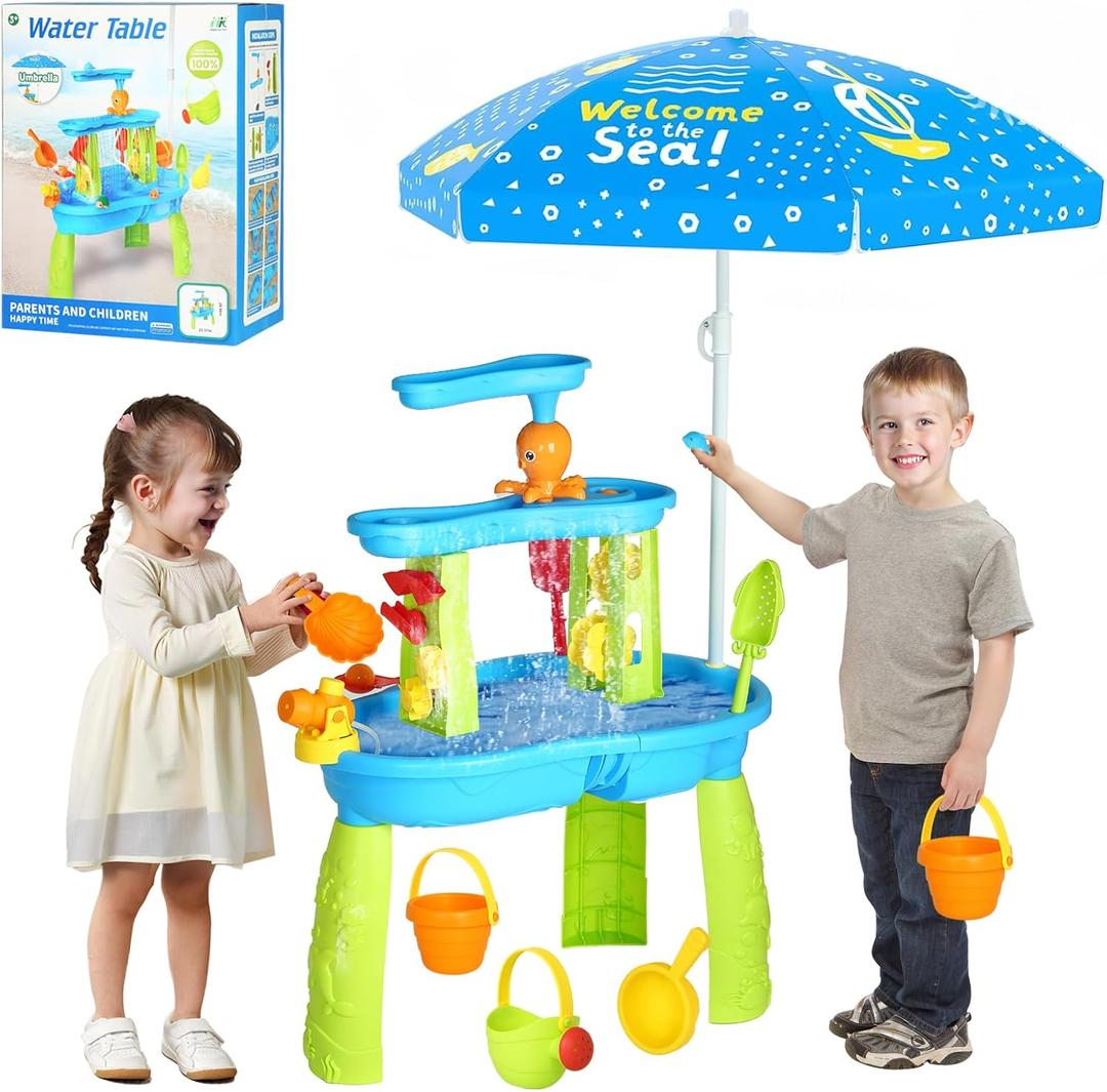 Hugut 2025 Upgraded 3-Tier Sand Water Table with Umbrella  Outdoor Backyard Sensory Activity Table for Kids, Perfect for Boys and Girls Summer Fun