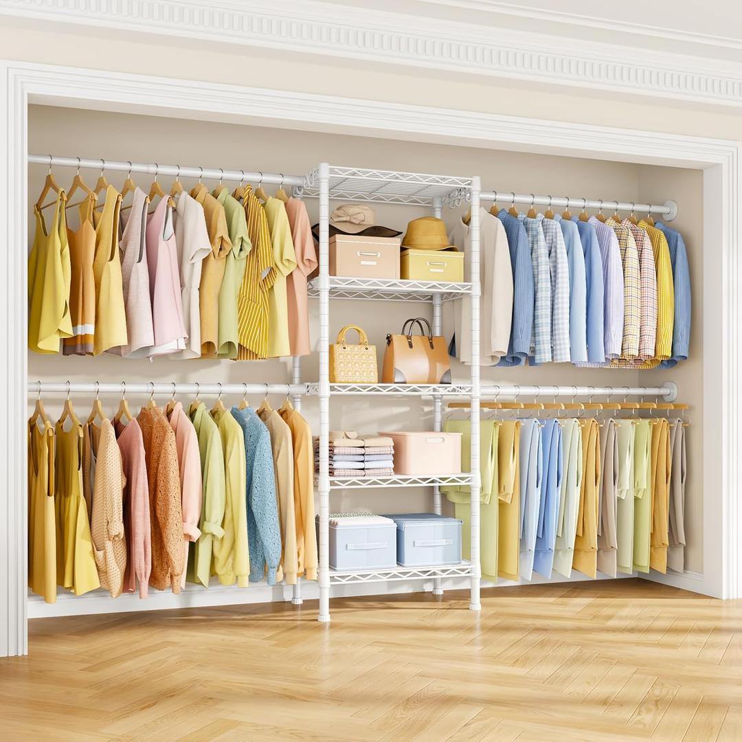 Ulif M2 Wall Mounted Closet System, Clothes Rack Mounted onto the Wall with 4 Expandable Hanger Rods and 5 Metal Shelves, Clothing Organizer Storage in (70.8-102.3)"L x 14.5"D x 71.2"H, White