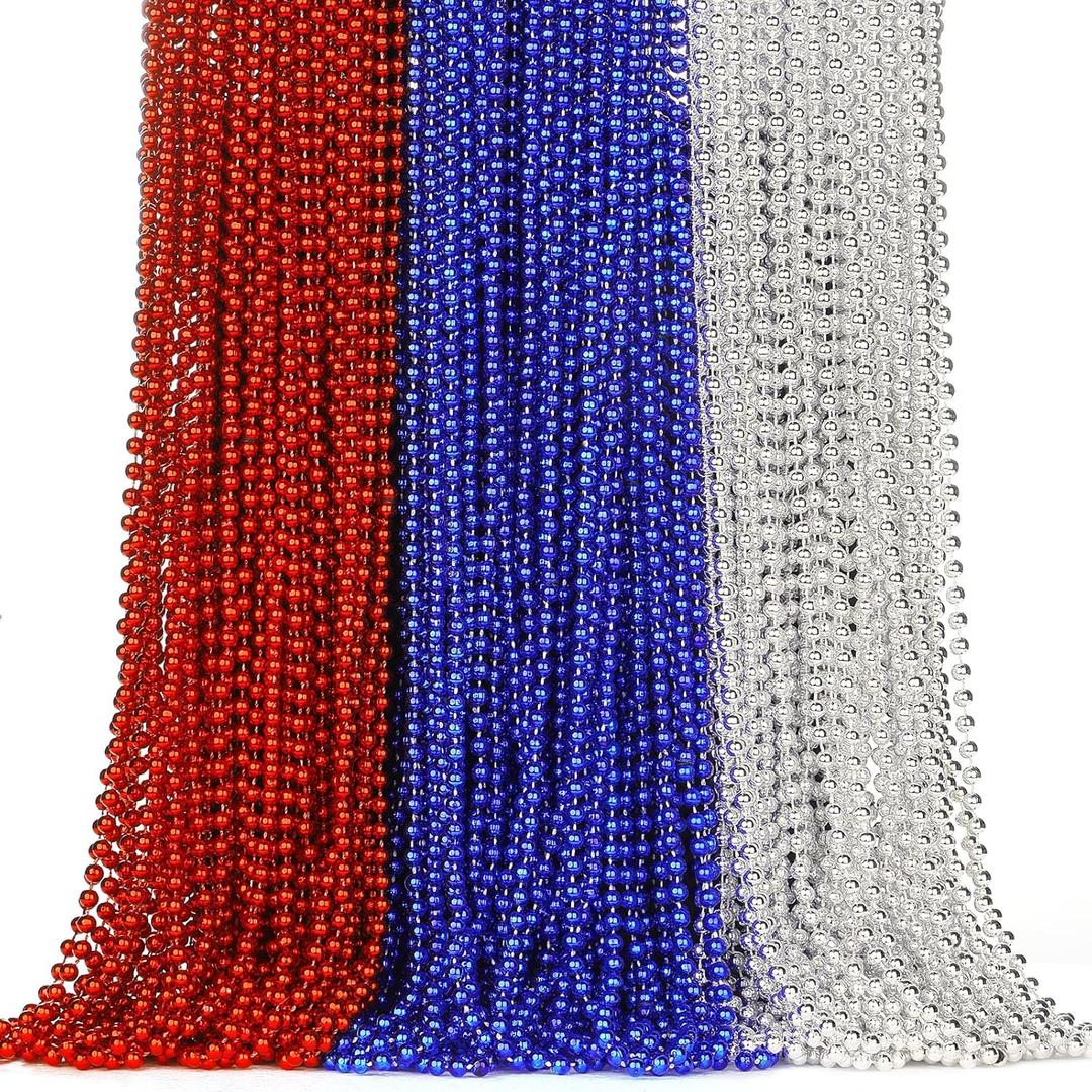 100PCS Bulk Parade Beads - Colorful Mardi Gras Bead Necklaces for Kids & Adults - Party Decorations & 33" Festival Parade Throw Accessories Bulk Beads for Wedding, Birthday (Red&Blue&Silver)