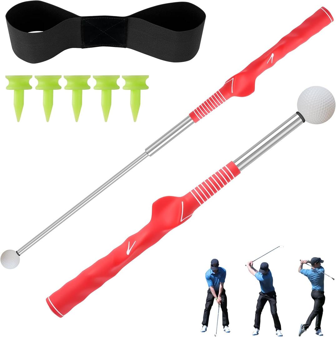 Retractable Golf Swing Trainer, Portable Grip Trainer and Training Auxiliary Elastic Band for Beginners, Indoor & Outdoor Practice(Black) (Red)