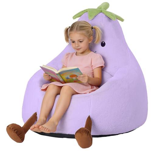 24 Inches Memory Foam Bean Bag Chair - Ultra Soft Faux Rabbit Fur Round Sofa with Handle & Machine Washable Cover, Eggplant-Shaped Kids Reading Chair for Bedroom, Living Room and Playroom, Purple