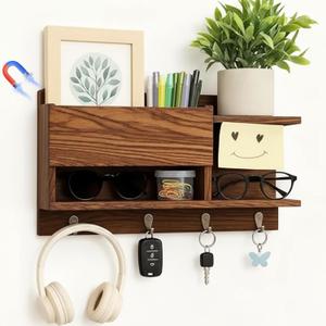 Magnetic Mail and Key Holder for Wall Fridge Wooden Mail Organizer with 4 Key Hooks Multi Functional Rack Farmhouse Style Burnt Brown for Entryway Hallway Bedroom Refrigerator