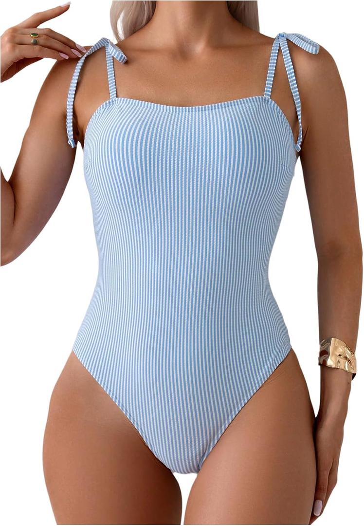 Verdusa Women's Striped One Piece Swimsuit Bow Tie Shoulder Summer Bathing Suit (Blue, XL)