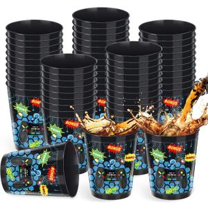 24 Pieces 16 oz Video Game Theme Cups Gaming Party Favors Set Go Win Level up Plastic Cups Gamer Frosted Cup for Popular Video Party Supplies Kids Gamer Birthday Decorations(Blue)