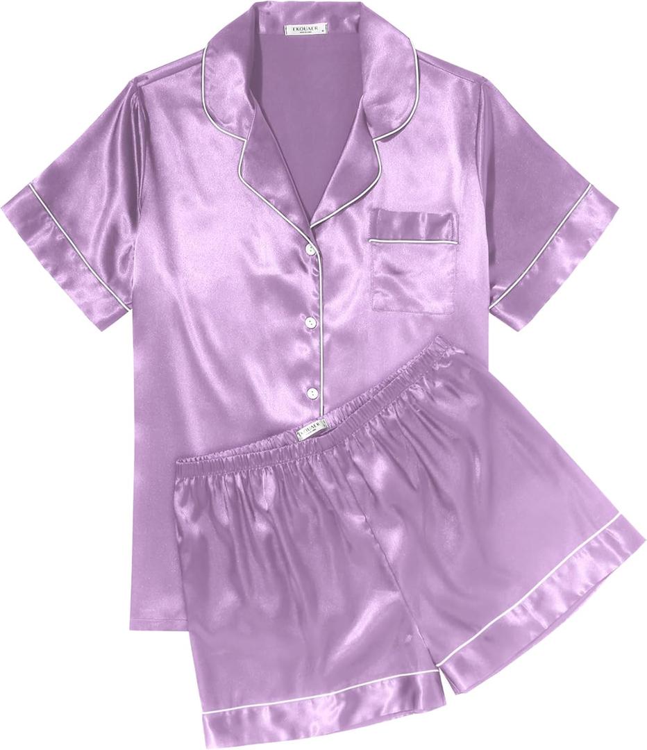 Ekouaer Womens Silk Satin Pajama Sets Soft Short Sleeve Button Down Sleepwear Top and Shorts 2 Piece Pjs Lounge Set S