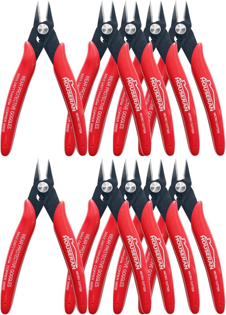 170 Wire Cutters, 10 PACK, 5 Inch Micro Flush Cutter, HOUSERAN Small Wire Cutters Spring Loaded Cutting Pliers, Side Cutters, Diagoanl Cutters for Jewelry Making, Models, Zip Ties Plastic Wire Snips