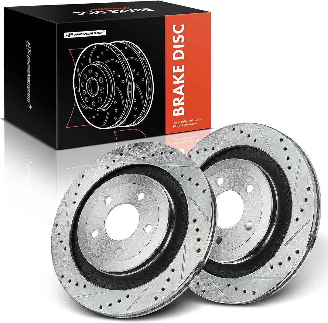 A-Premium 12.99 inch (330mm) Rear Drilled and Slotted Disc Brake Rotors Compatible with Select Ford Models - Mustang 2015-2022, 2-PC Set