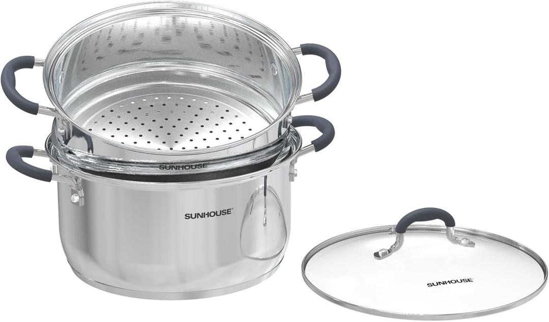 SUNHOUSE - 3.3 Quarts Steamer Pots With Lid 2-Tier Multipurpose Stainless Steel Steaming Pot Cookware For Vegetable, Dumpling, Sauce, Food - Triple Bottom, Measurement Line