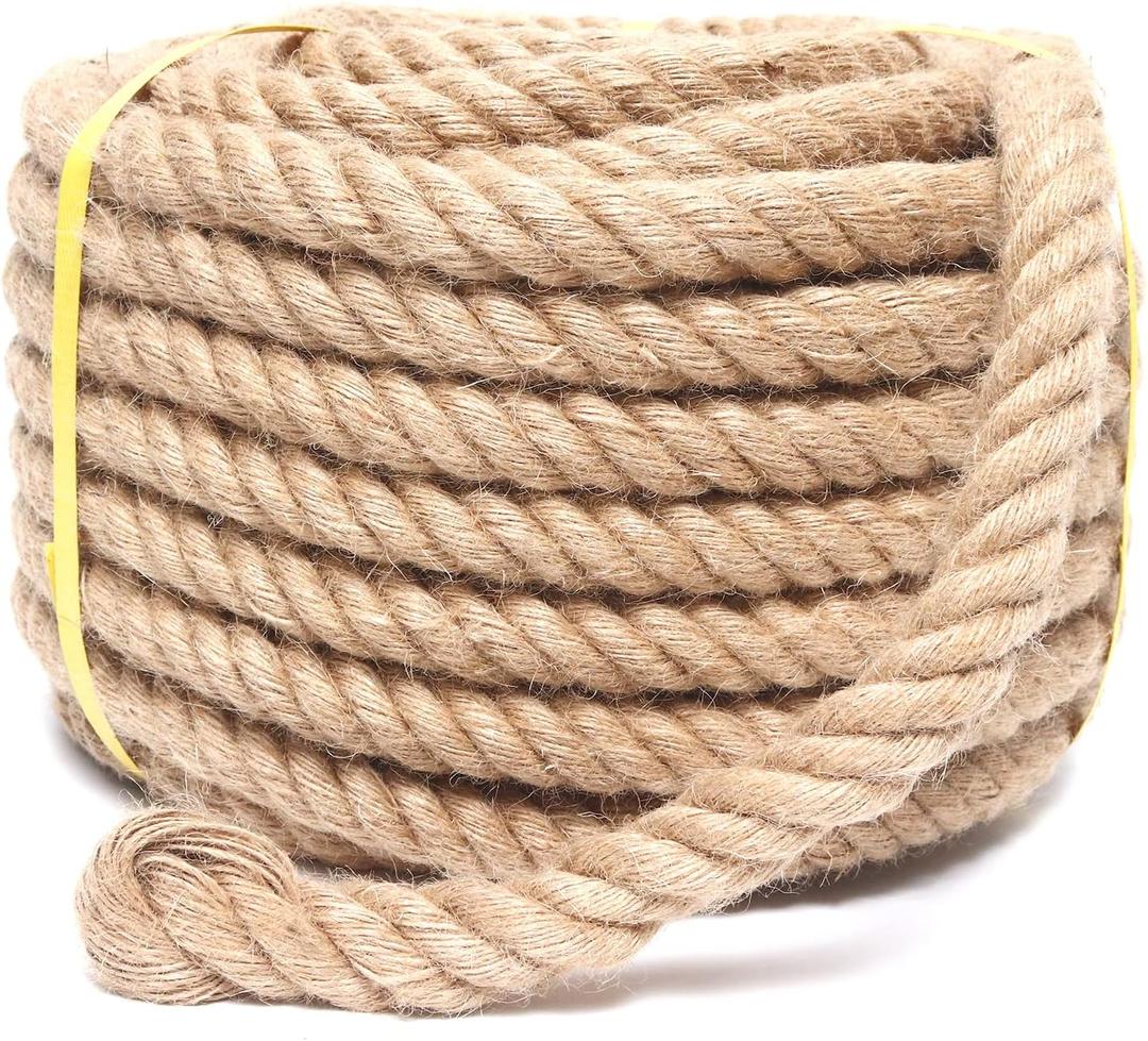 Heavy Duty Jute Rope - 1 Inch, 50 Feet, Natural Hemp for Crafts, Gardening, Bundling, Climbing, Hammock, Nautical, Tug of War, Railings, Home Decorating