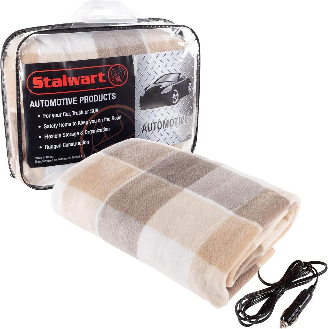 Stalwart Heated Car Blanket  12-Volt Electric Blanket for Car, Truck, SUV, or RV  Portable Heated Throw, Camping Essentials (Tan) (Gray Plaid)