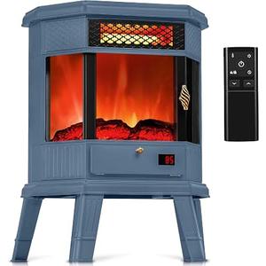 RealSmart Electric Fireplace Heater 22 in Freestanding Fireplace Stove Infrared Fireplace with 3D Flame Effect Remoted Control, Timer, Overheating Protection (Blue)
