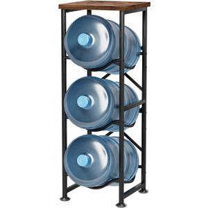 5 Gallon Water Jug Holder, 3-Tier Water Bottle Holder with Wood Top Shelf, Heavy Duty Water Cooler Jug Rack, Water Dispenser Storage Stand for Kitchen Office and Living Room (Rustic Brown)