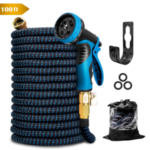 Kotto 100 ft Flexible Garden Hose, Water Hose for Outside with 10 Spray Nozzles, Brass Connector, Leak-Proof, Blue