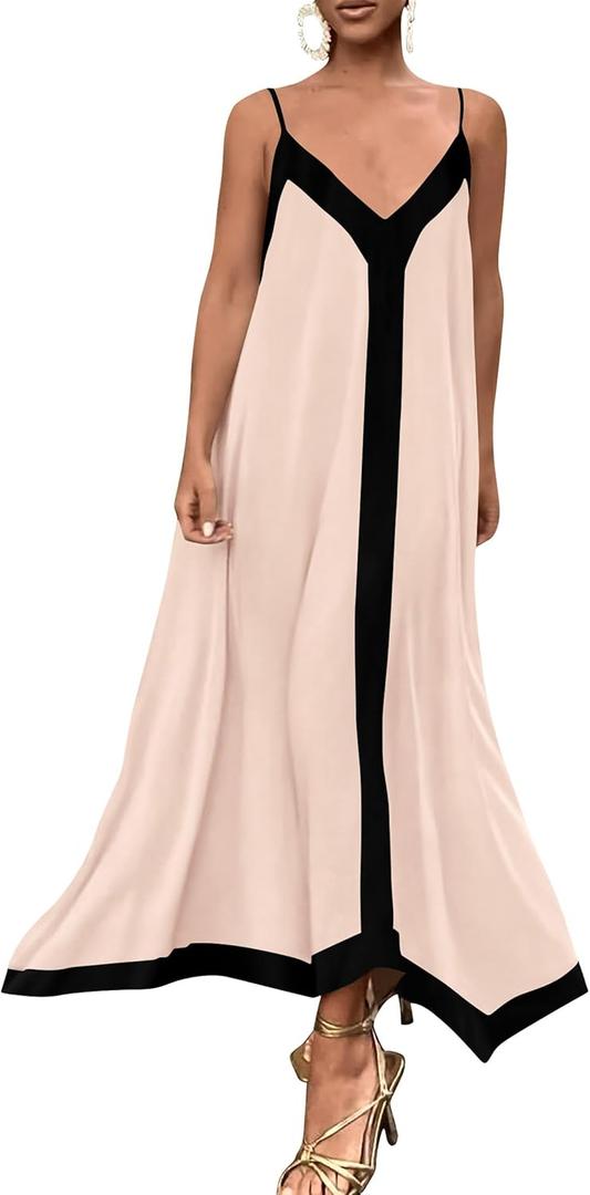 PRETTYGARDEN Women's 2025 Summer Maxi Dress Sleeveless V Neck Spaghetti Strap Flowy Elegant Holiday Party Dresses (Beige, Small)