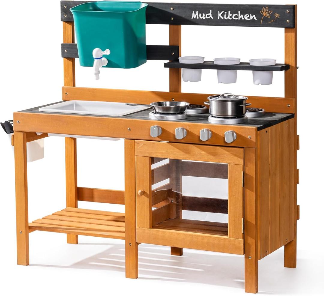 ROBUD Mud Kitchen for Kids Outdoor, Wooden Outdoor Play Kitchen, Kids Mud Kitchen with Removable Sink & Faucet, Monteeori Toys for Children Ages 3+ Years, WG426