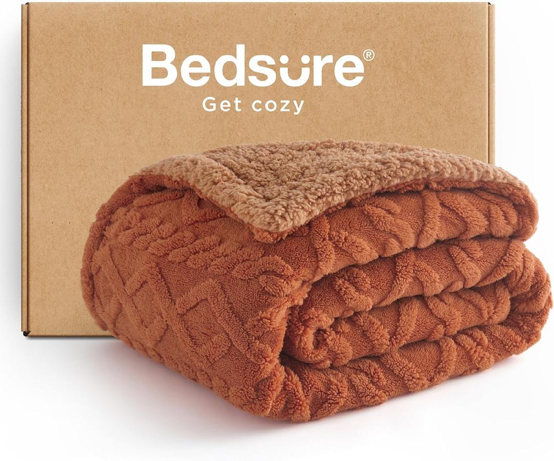 Bedsure Gentlesoft Sherpa Fleece Throw Blanket for Couch - Fluffy & Cozy Cable Jacquard Tufted Throw for Women Gift, Thick and Warm Christmas Blanket for Winter, Orange, 50x60 Inches