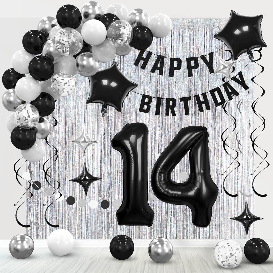 14th Birthday Decorations for Boys Girls, Silvery and Black Happy 14th Birthday Banner ,Number 14 Balloons Arch Kit for 14 year old Birthday Party Decorations.
