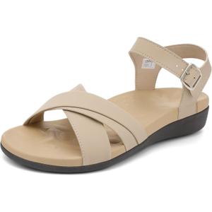 UTENAG Women's Comfortable Walking Flat Sandals Arch Support Ankle Strap Strappy Sandals (Size 5, Beige)