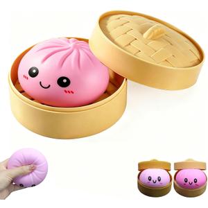 Dumpling Squishy Toy, Dumpling Squishy with Steamer, Soft Slow Rebound Squishy Dumpling Toy, Sensory Fidget Stress Ball for Kids & Adults(Pink)