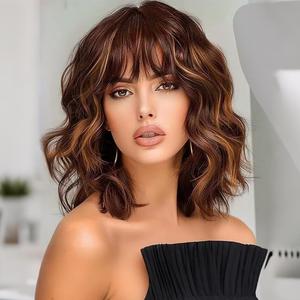 Ucubb Short Bob Wavy Wig with Bangs for Women Loose Curly Wig Look natural Shoulder Length Bob Wigs (H33-30)