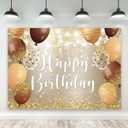 Riyidecor Gold Brown Happy Birthday Backdrop Modern Luxury Balloons Champagne 7Wx5H Feet Polyester Fabric Sparkle Bokeh Dots Photography Background Men Women Bday Table Decor Banner Studio Photo Shoot