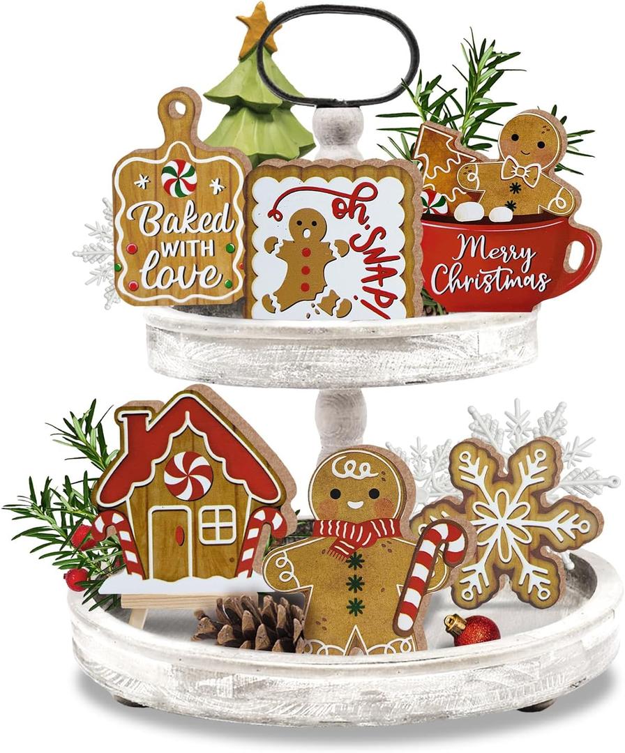 11 Pcs Merry Christmas Gingerbread Tiered Tray Decor, Xmas Hot Cocoa Cookies Snowflake Farmhouse Wood Decorations Set, Winter Holiday Rustic Wooden Decorative Signs for Home Table Shelf