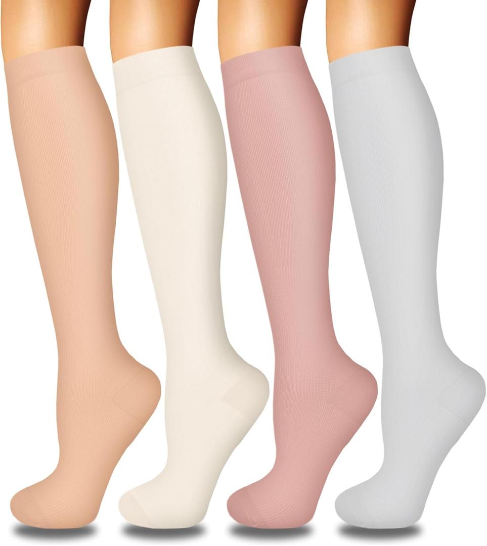 Iseasoo 4 Pairs Compression Socks for Women Circulation-Best Support for Nurses,Running,Athletic,Travel (S/M, 06-dark Pink/Beige/Pink/Gray)