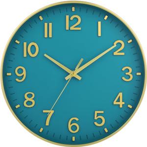 HZDHCLH Teal and Gold Wall Clocks Battery Operated 12 inch Silent Non Ticking Modern Wall Clock for Living Room Bedroom Kitchen Office Decor