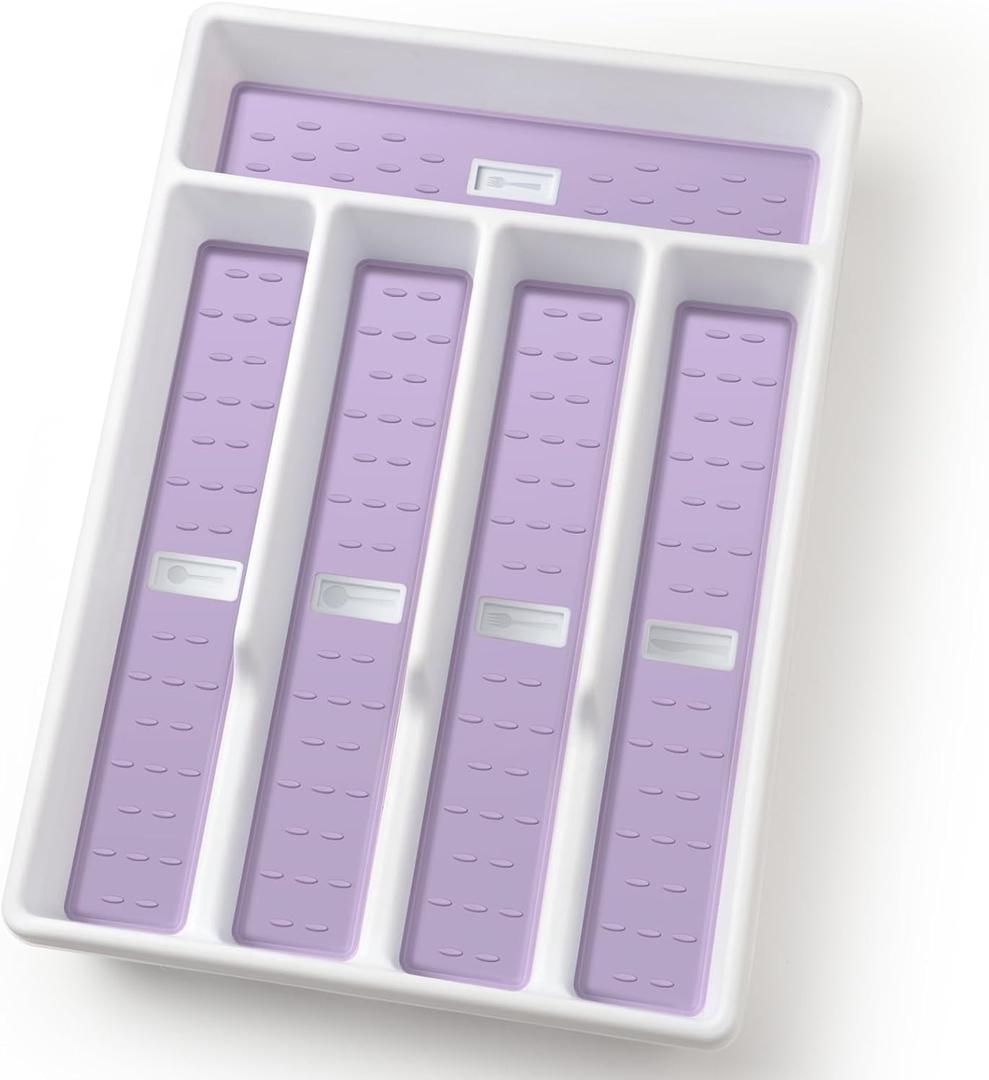 Silverware Organizer with Cutlery Icons，Silverware Tray for Kitchen Drawer，Plastic Flatware Tableware Silverware Drawer Organizer Utensil Organizer with Non-slip TPR Linings，5-Compartment, Purple