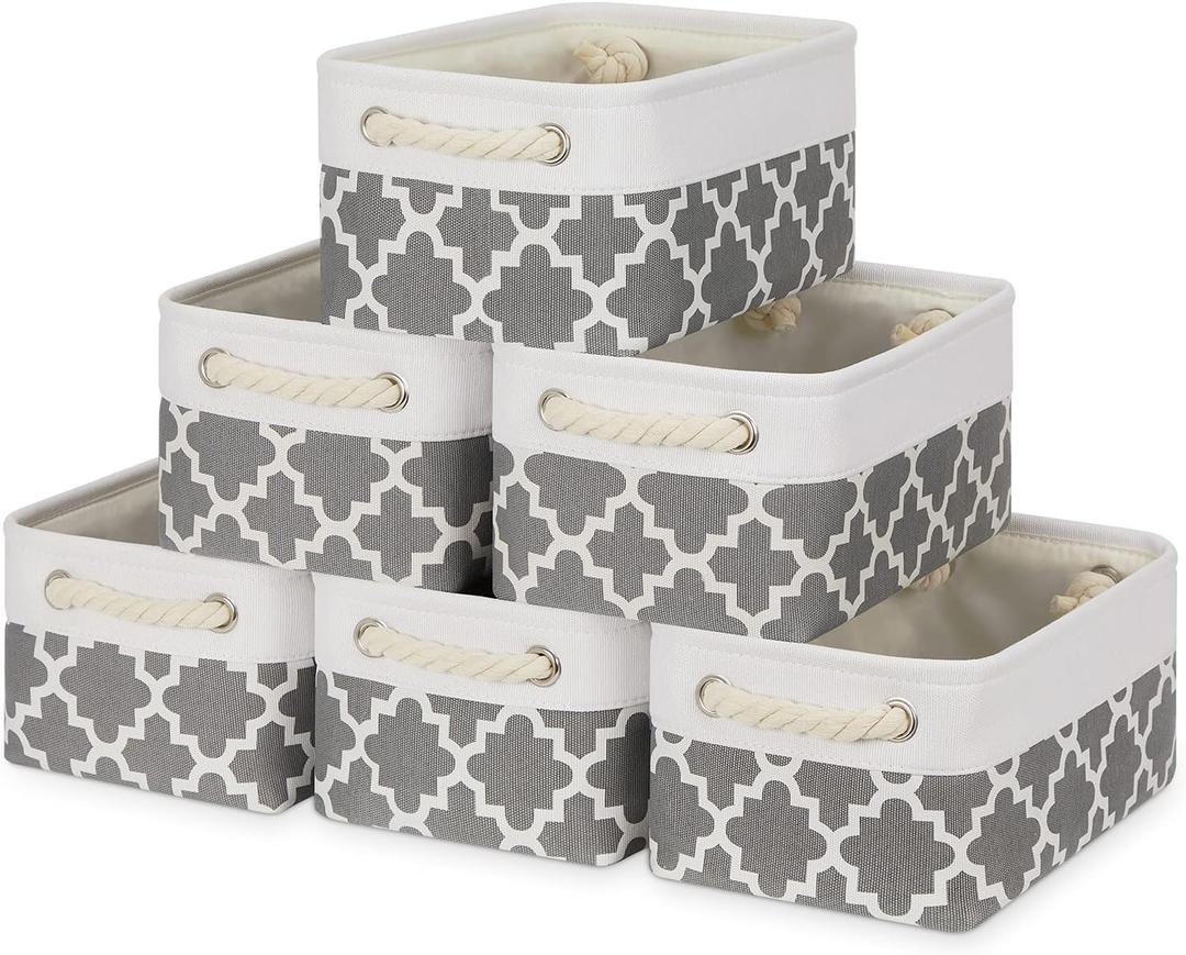 Bidtakay Small Storage Basket Cute Storage Bins Collapsible Fabric Basket Set of 6 Canvas Organizer Bin Empty Gift Baskets Baby Nursery Toys 11.8 X 7.8 X 5 Inches(White&Quatrefoil Grey)