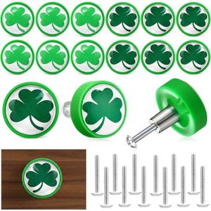Fumete 12 Pieces St. Patricks Day Decorations Knob Covers Shamrock Clover Drawer Pulls for Cabinets Kitchen Dressing Wardrobe with Screws,Green Lucky Clover Irish Themed Knobs,1.1 Inches/ 28 mm