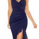OWIN Wedding Guest Dresses for Women 2026 Summer Sexy Faux Wrap V Neck Bodycon Midi Dress Spaghetti Strap Ruffle Hem Cocktail Evening Dress Navy Blue M