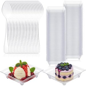 400 Pack Mini Dessert Plates with Tasting Spoons, 2.4'' Small Clear Dessert Plates for Appetizer Reusable Mini Square Plastic Appetizer Plates Set for Dessert Sauce Snack Cake Ice Cream Fruit