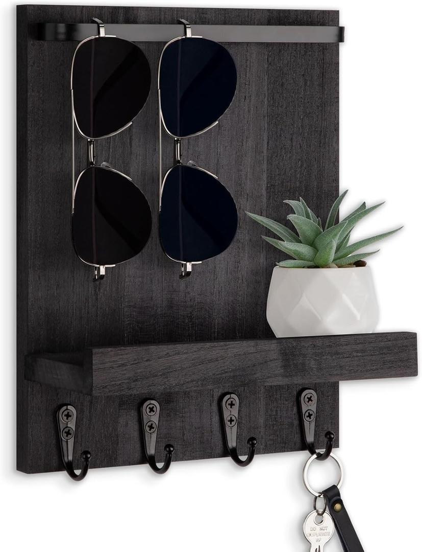 Key Holder Wall Mount, Key Holder for Wall with 4 Hooks, Farmhouse Key Hanger Holds Dog Leash, Sunglasses Decorative Mail Organizer Home Decor (Black)