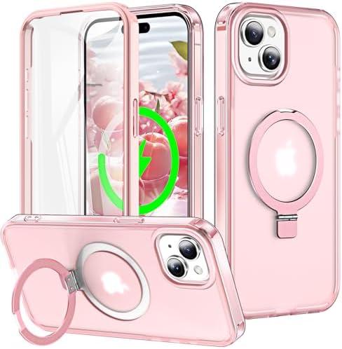 Turquiase for iPhone 15 Full Body Shockproof Case with Magnetic Invisible Stand [Compatible with MagSafe] Built-in Screen Protector Military Drop ProtectionTranslucent Phone Cover -Pink